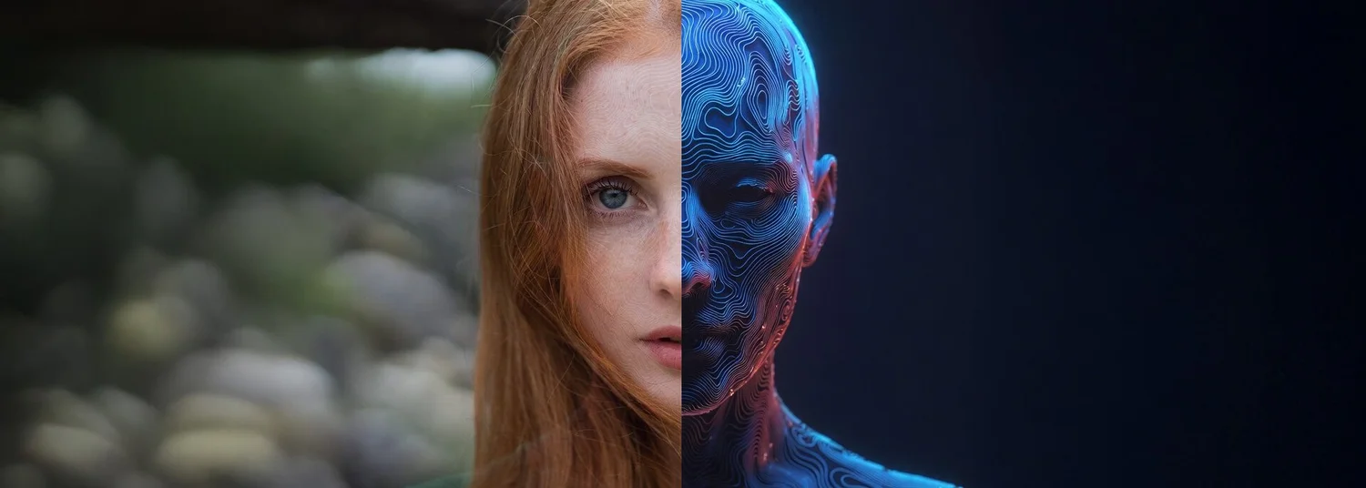 Split face: a red-haired woman on the left becomes a glowing blue digital avatar on the right.