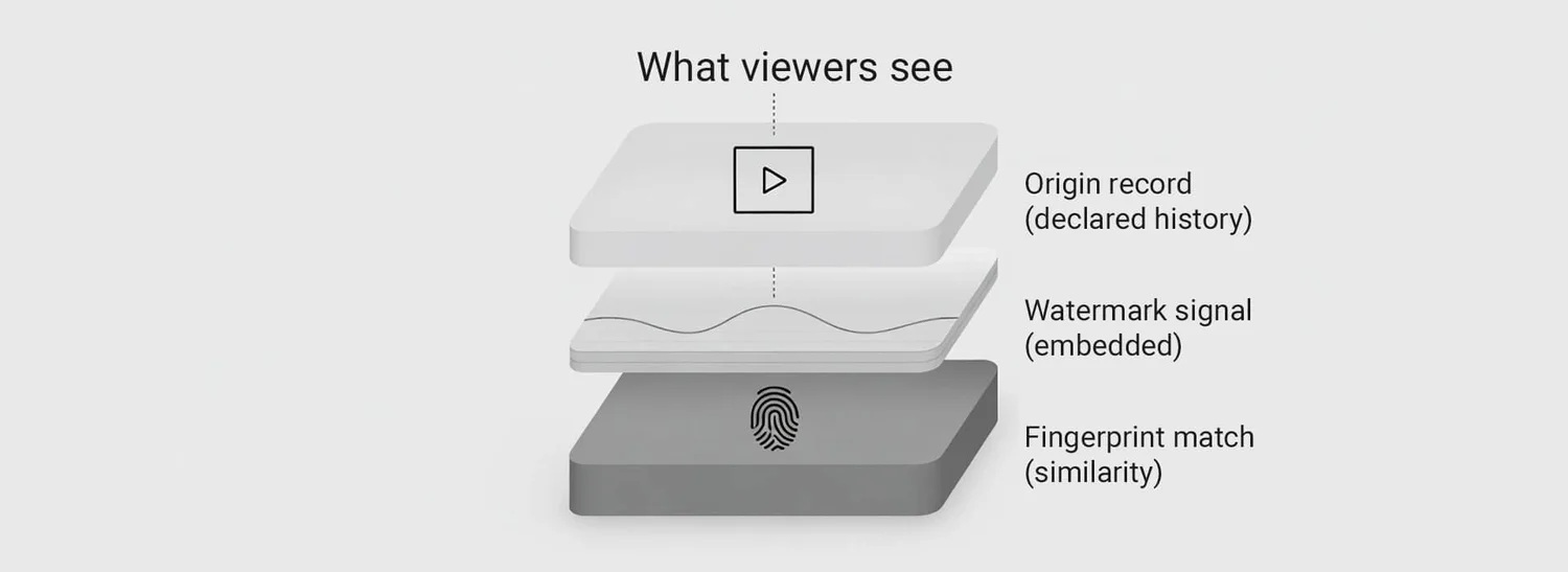 Stacked diagram showing video viewing layered over origin record, embedded watermark signal, and fingerprint similarity match.
