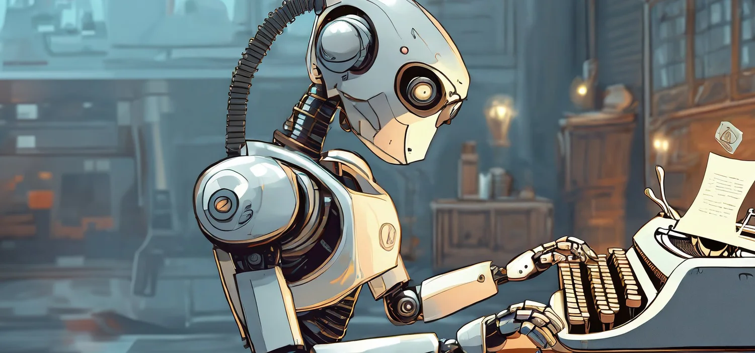 Illustration of a humanoid robot typing a script on a vintage typewriter in a cluttered study.