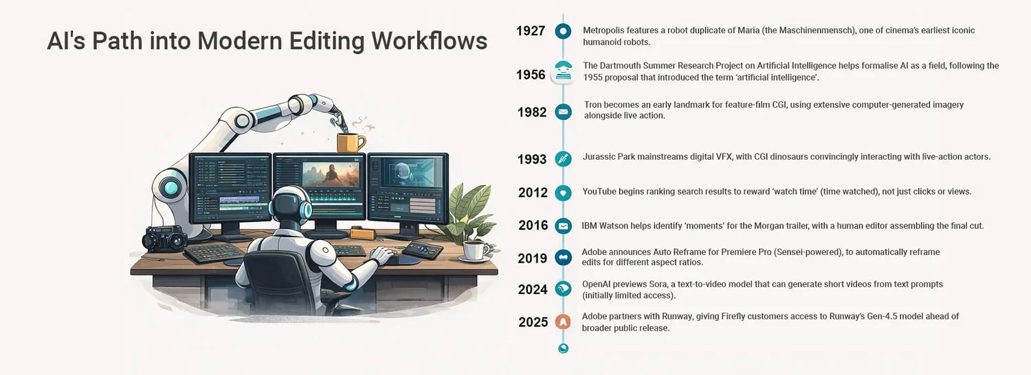 Timeline infographic showing key milestones in AI’s move into modern video editing workflows from 1927 to 2025.