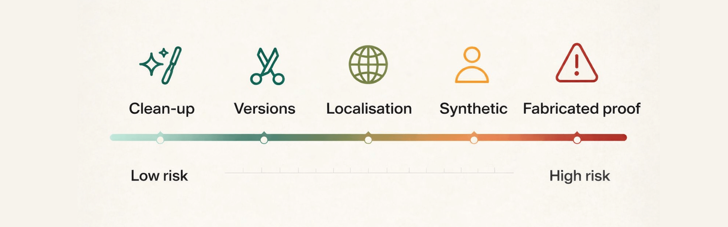 Risk scale for AI in video, from clean-up, versions and localisation through synthetic to fabricated proof.