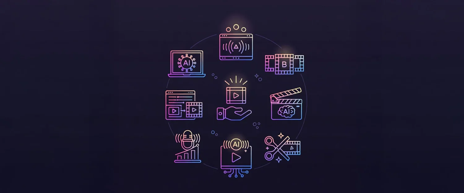 Neon icons for generative clips, editing, B-roll, podcasts and charts arranged in a circle on a dark background.