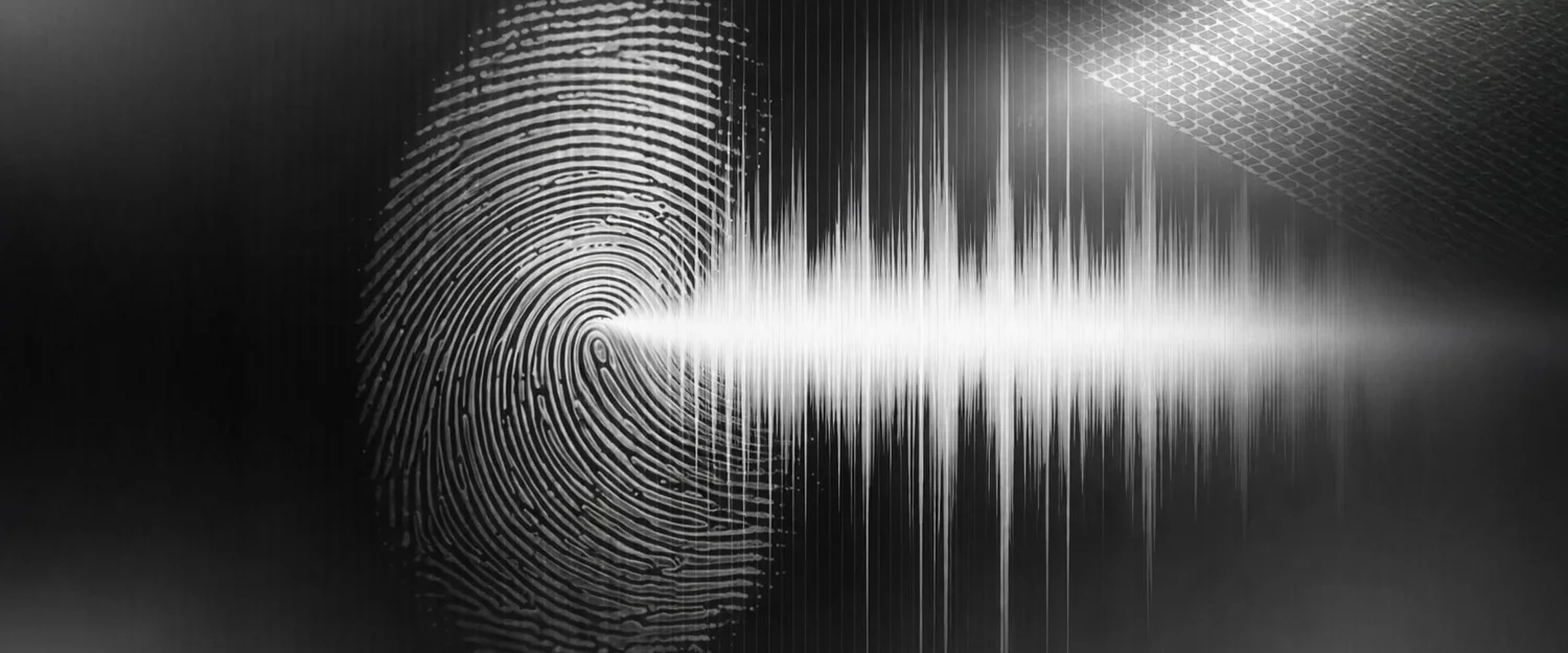 Fingerprint merging into a waveform, suggesting embedded verification signals in media.