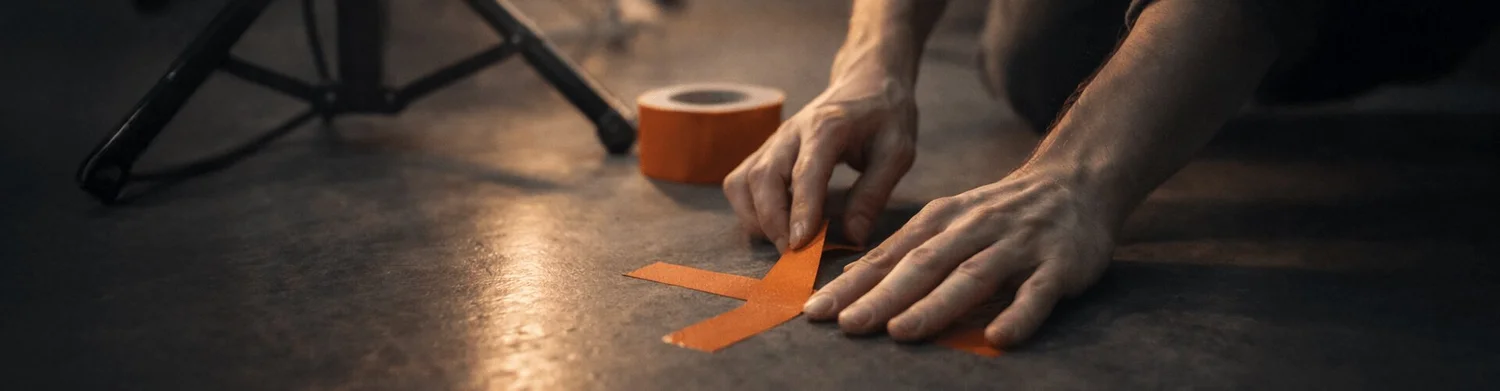 Hands placing an orange tape mark on a studio floor beside a tripod, suggesting behind-the-scenes human craft and effort.