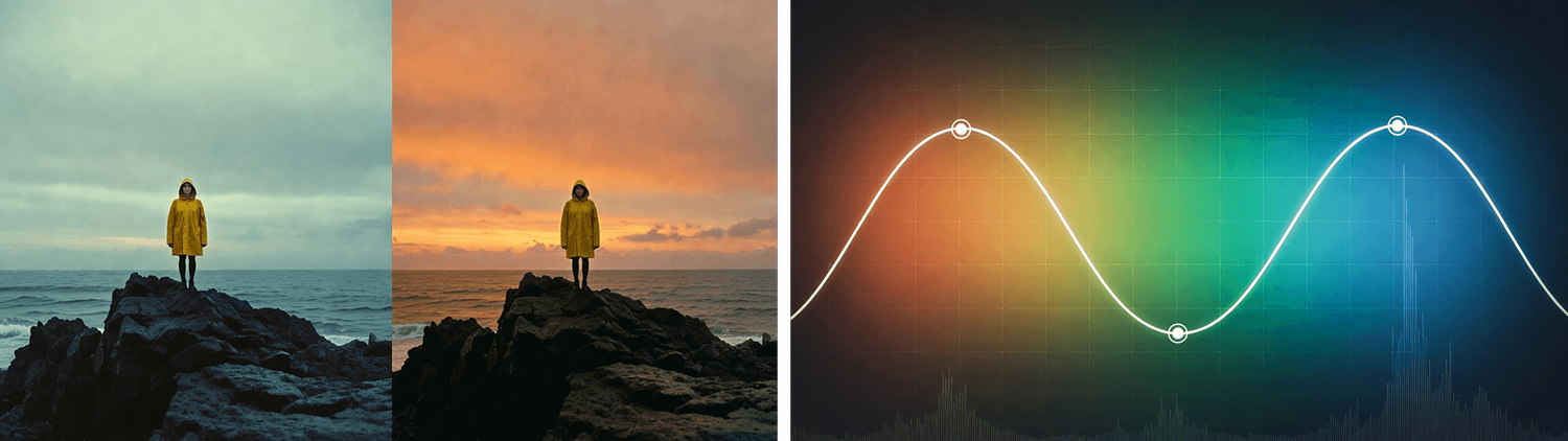 The same figure in a yellow raincoat graded cool then warm, beside a curve over a colour gradient.