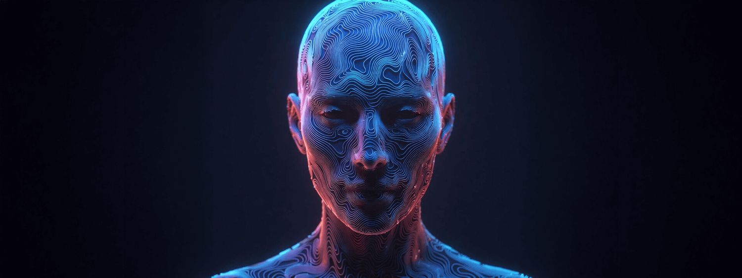 A digital human head mapped with glowing blue contour lines against a dark background.
