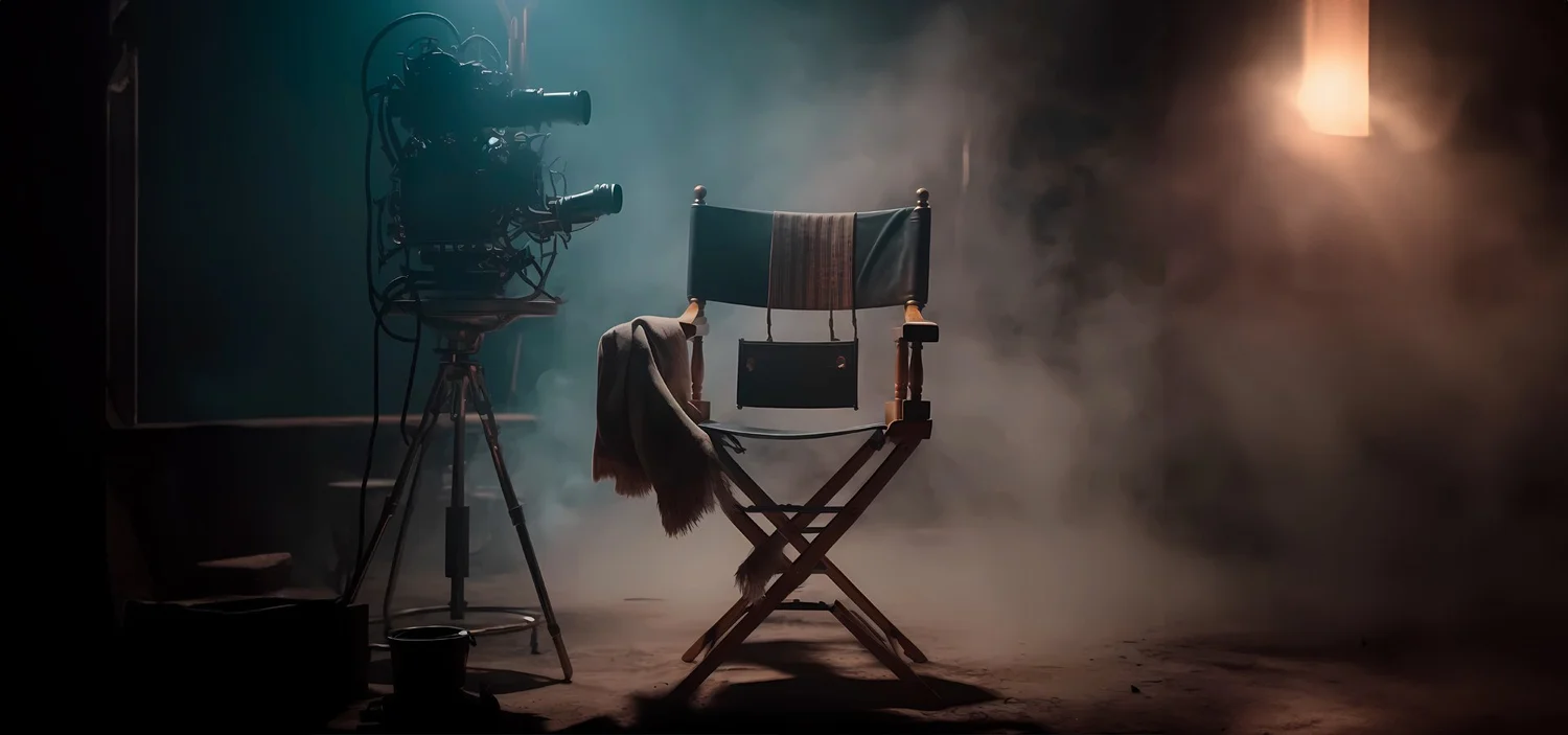 An empty director's chair beside a film camera in a dark, smoky studio.