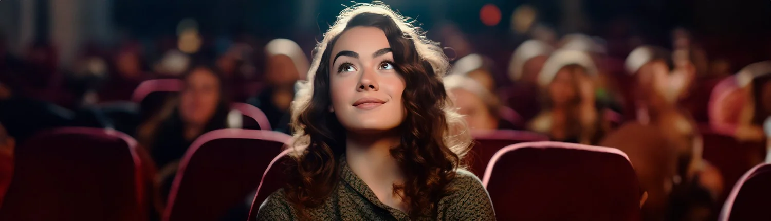 A young woman in a cinema audience gazing up at the screen with a look of wonder.