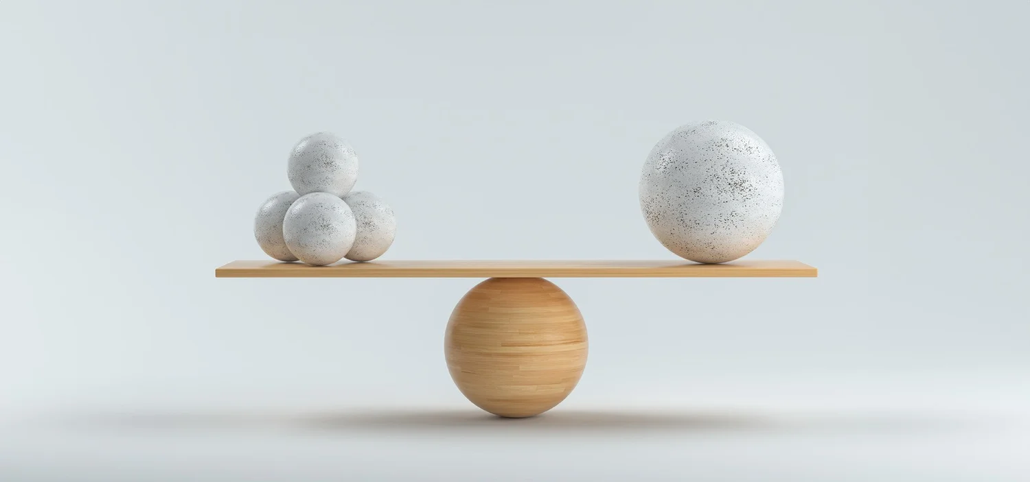 A wooden seesaw on a ball, with three small white spheres balancing one larger sphere.