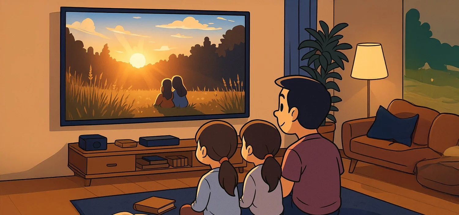 Cartoon of a father and two children watching a sunset film on a large living-room TV.