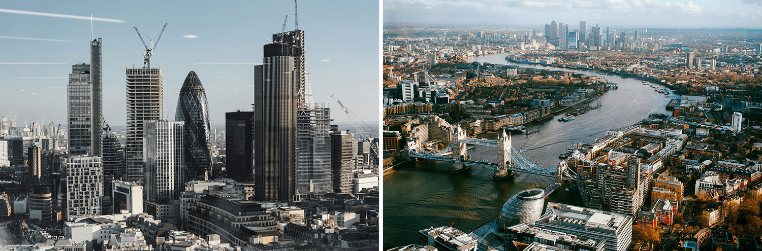 Aerial views of London: City skyscrapers with cranes, and the Thames with Tower Bridge.