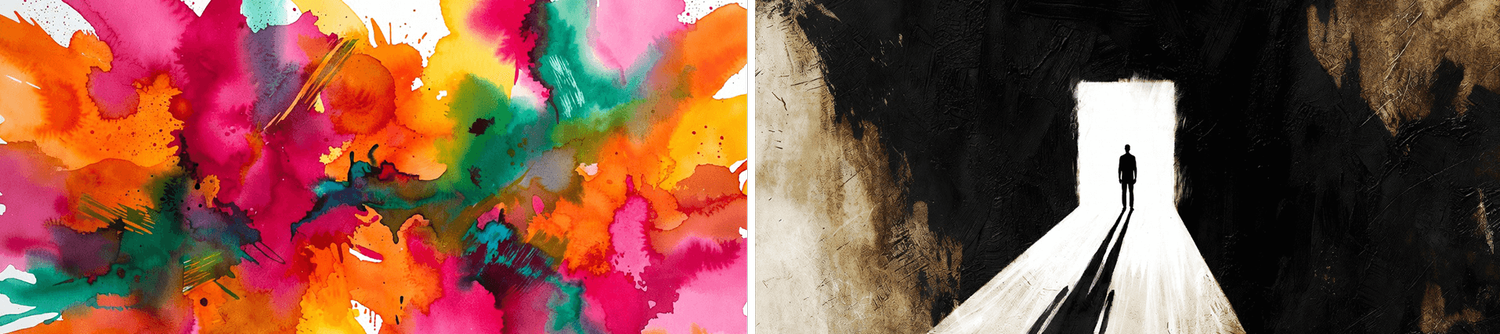 Bright watercolour splashes beside a silhouetted figure walking towards light in a dark tunnel.
