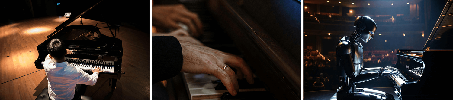 Three panels: a human pianist on stage, hands on the keys, and a robot playing a grand piano.