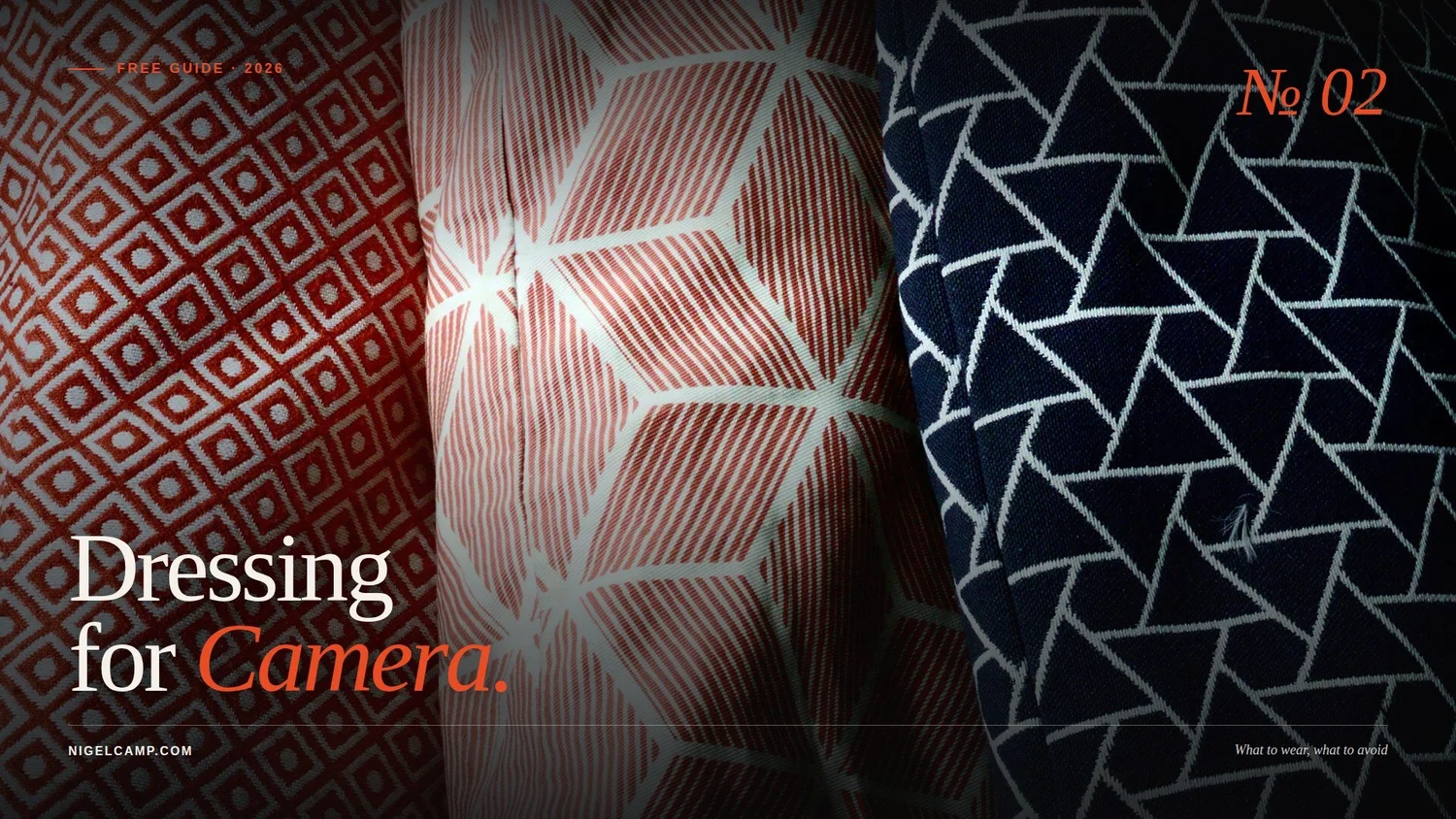 Cover of free guide No 02, Dressing for Camera, over red, white and navy patterned fabrics.