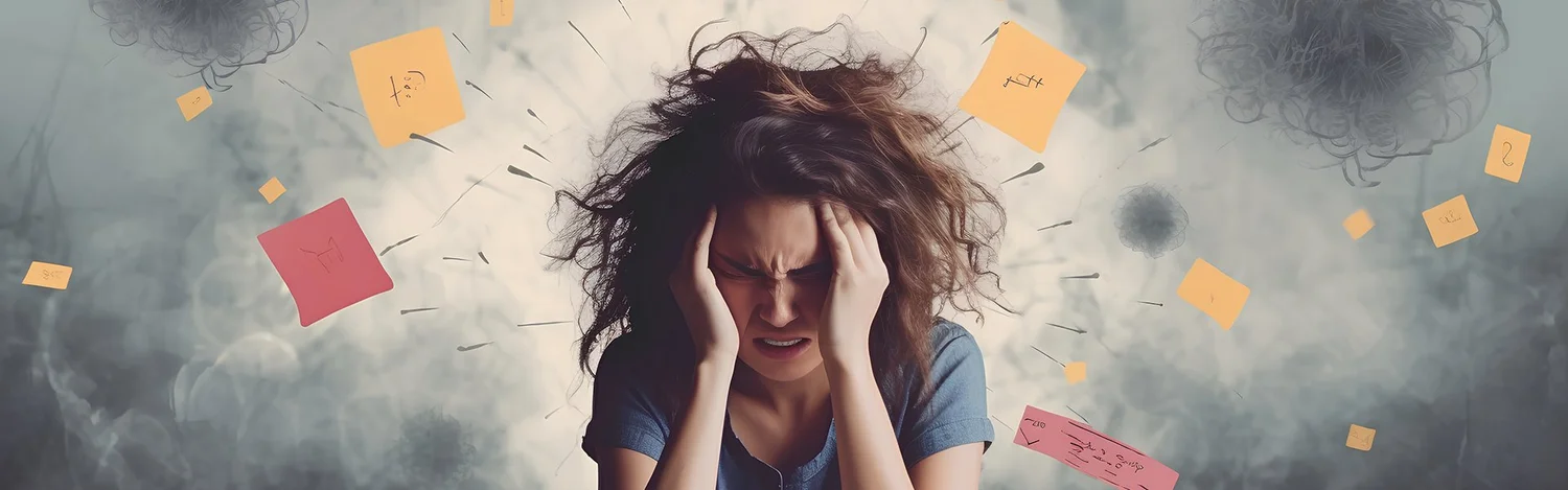 A stressed woman holding her head in her hands, surrounded by flying sticky notes.