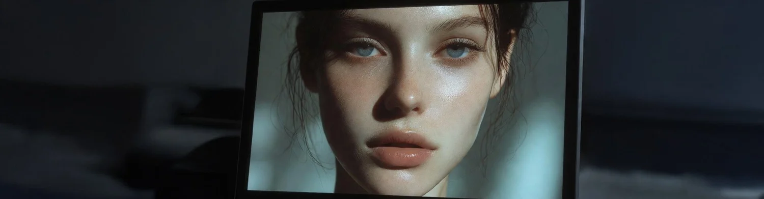 Close-up of an unnaturally flawless face on a screen, suggesting synthetic polish and emotional distance.