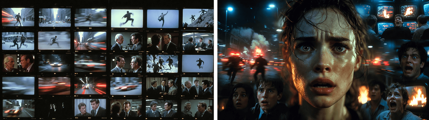 A grid of fast action frames beside a close-up of a frightened woman amid explosions.