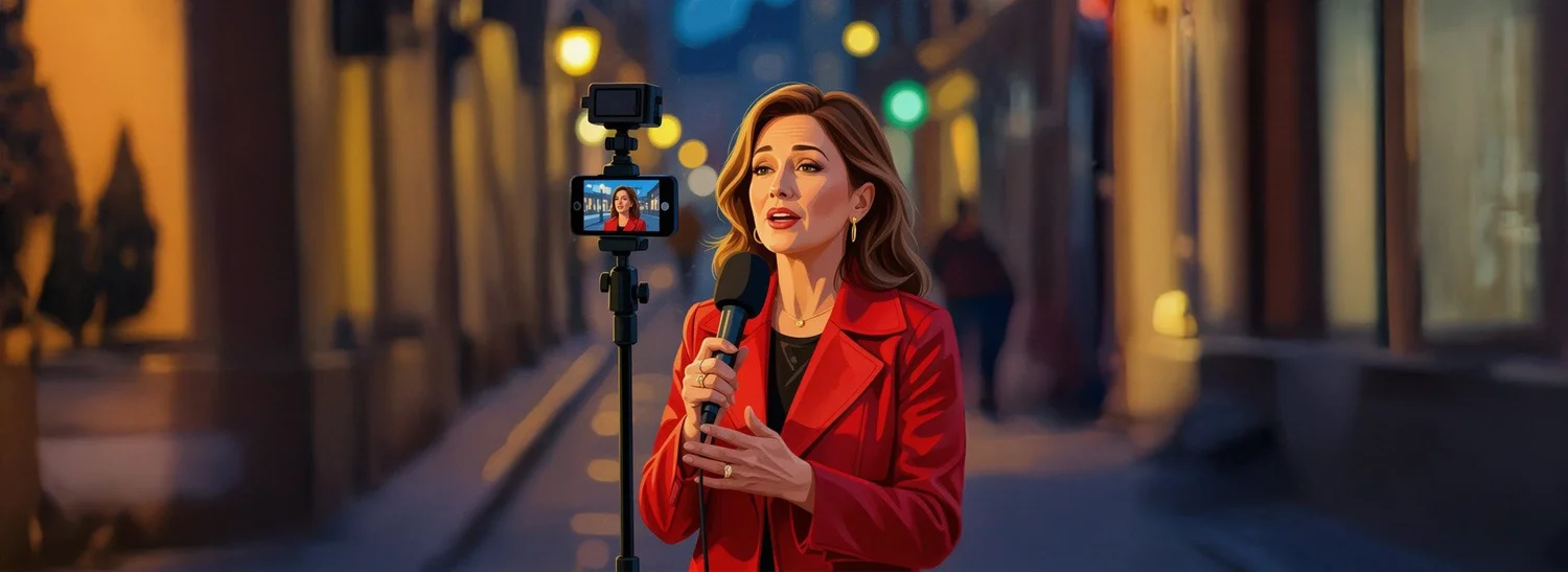 Illustration of a reporter in a red coat filmed on a phone on a tripod at night.