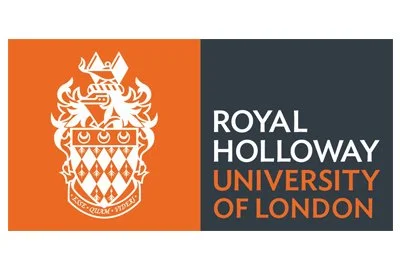 Logo of Royal Holloway, University of London, featuring a shield with a lion and a crown, in orange and dark gray colors.