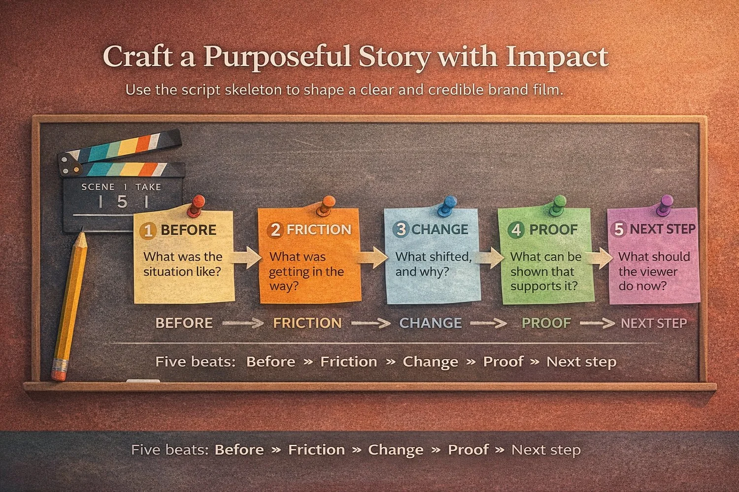 Chalkboard infographic of a five-beat brand film script: before, friction, change, proof, next step.