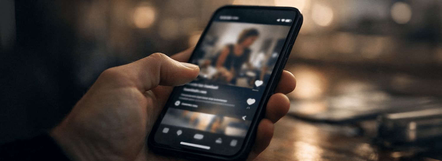 Hand holding a smartphone mid scroll with a paused short video in soft focus