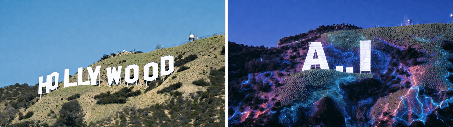 The Hollywood sign beside a version reading A.I., covered in glowing blue lines.