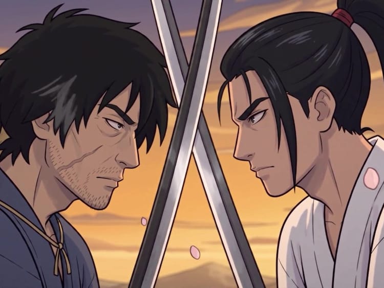AI-generated anime-style still from the reel: two samurai face each other with crossed swords.