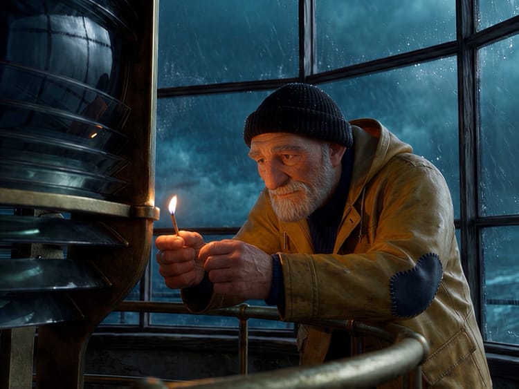 An AI-generated old lighthouse keeper in a yellow oilskin lights a match beside the lamp as a storm rages outside.