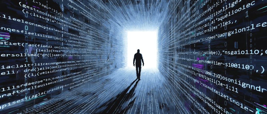 A lone figure walking towards a bright doorway at the end of a tunnel of streaming digital code.