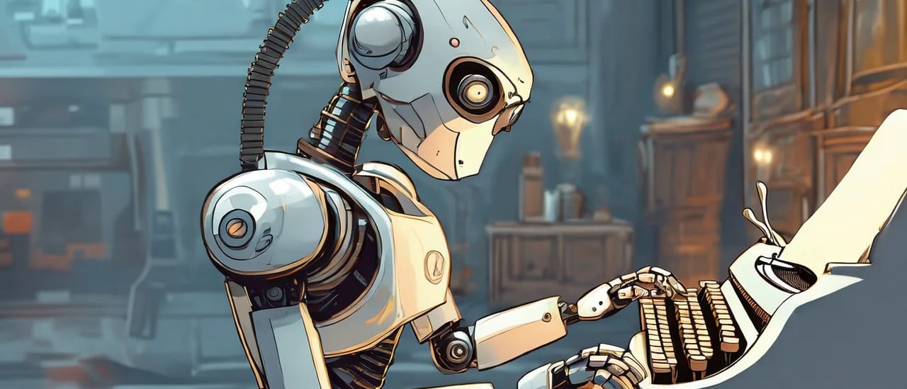 Illustration of a humanoid robot typing a script on a vintage typewriter in a wood-panelled study.