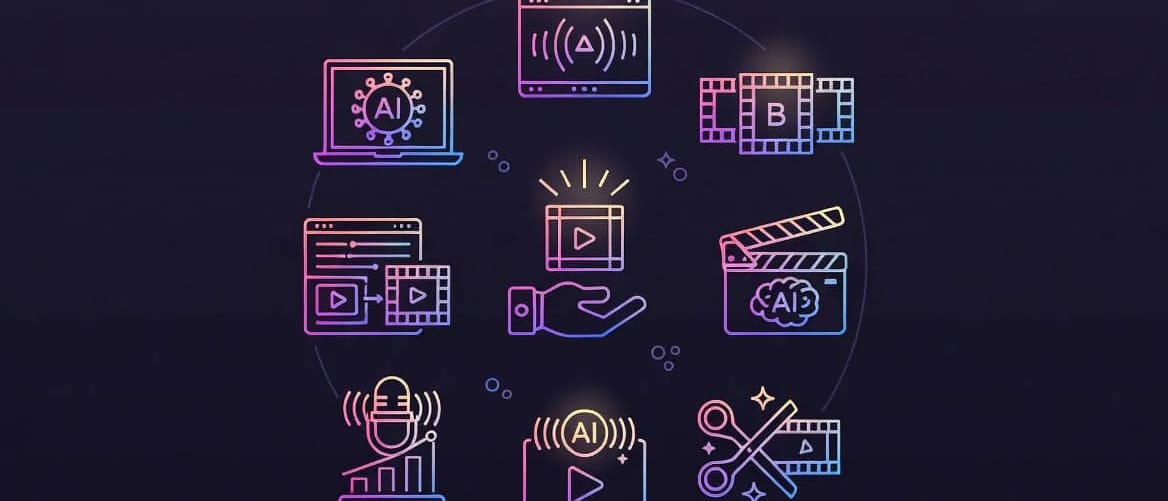 Neon line icons for cameras, editing and video tools arranged in a circle on a dark background.