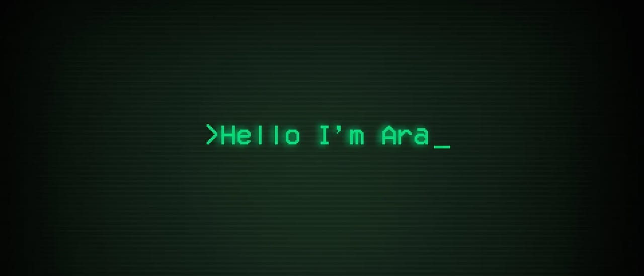 Green retro computer text on a black screen reading "Hello I'm Ara" with a blinking cursor.