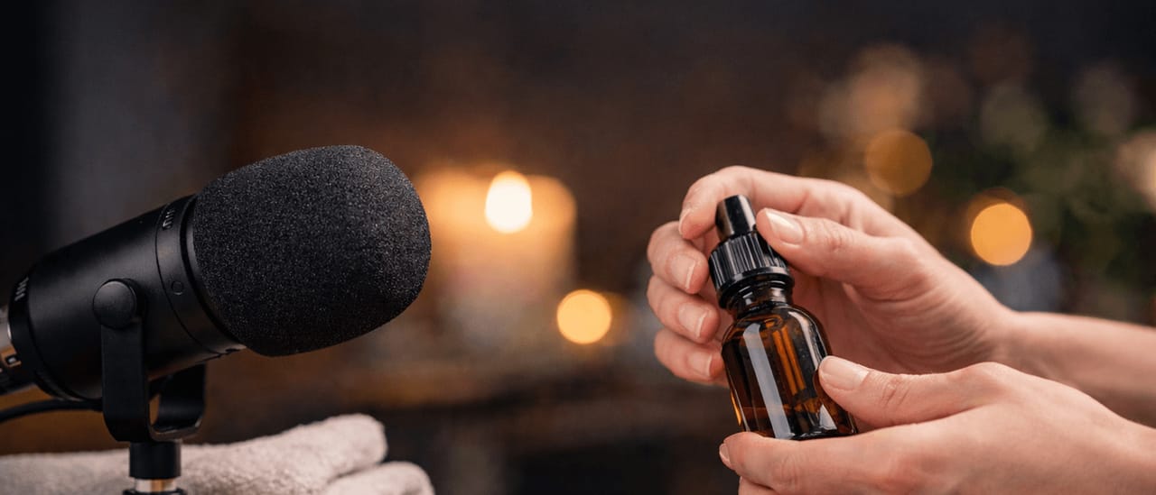 Hands opening a small glass bottle in front of a studio microphone, with candles glowing in the background.