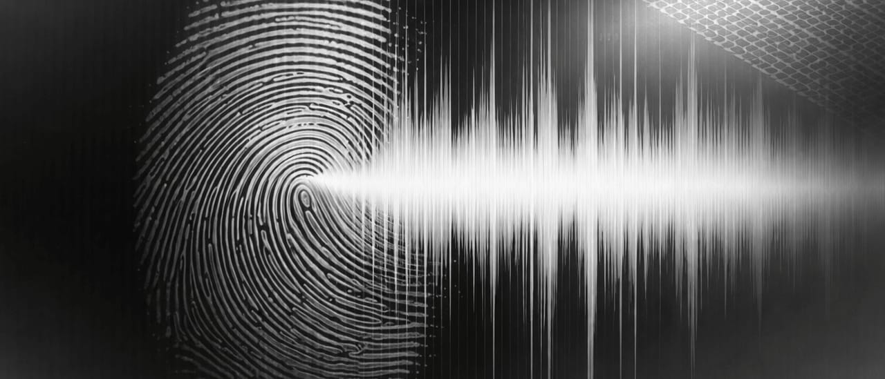 A black-and-white fingerprint that dissolves into a sound waveform.