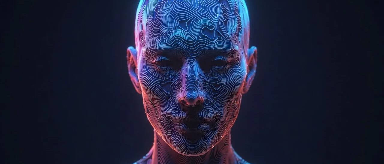 A digitally rendered human head glowing with blue and pink light against a dark background.
