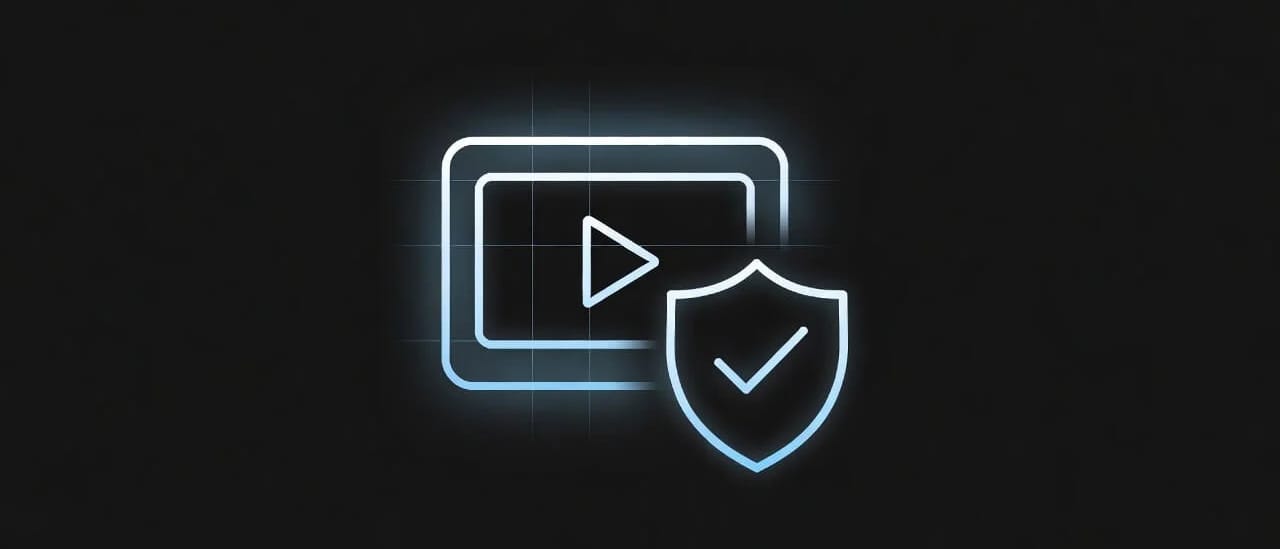 A glowing outline icon of a video screen with a shield and tick, on a dark background.