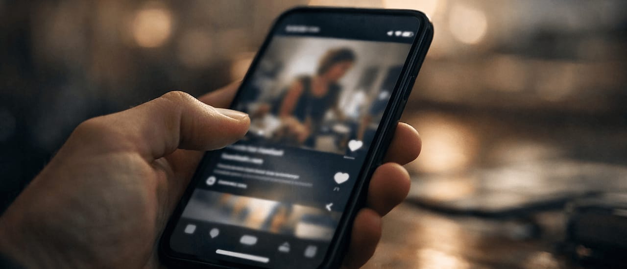 A hand holding a phone that is scrolling through a video feed, lit by warm light.
