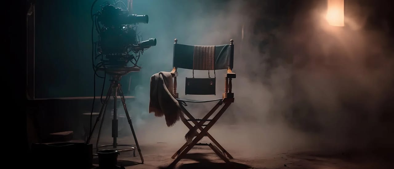 An empty director's chair beside a film camera in a dark, smoky studio.