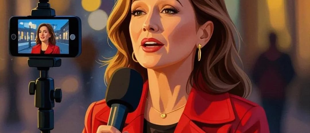 Illustration of a reporter in a red coat speaking into a microphone in front of a phone on a tripod in a city street at dusk.