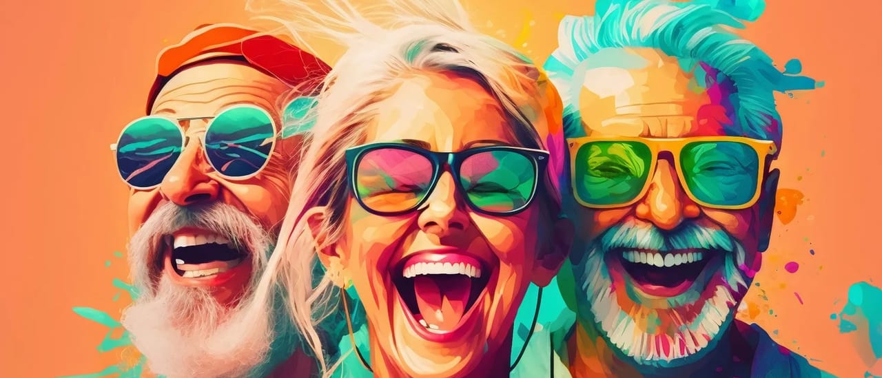 Illustration of three laughing older people in bright sunglasses against a colourful painted background.