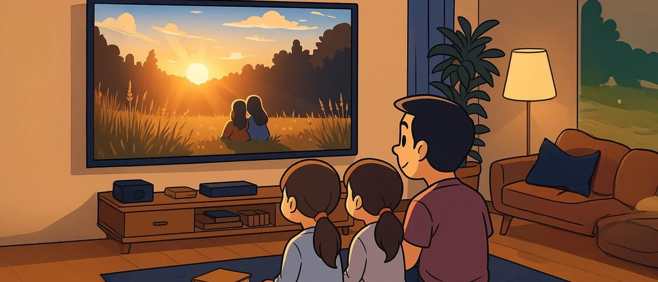 Cartoon of a family on a sofa watching a sunset film on a large living-room television.
