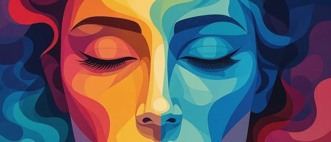 Illustration of a face with closed eyes made of flowing waves of rainbow colour.