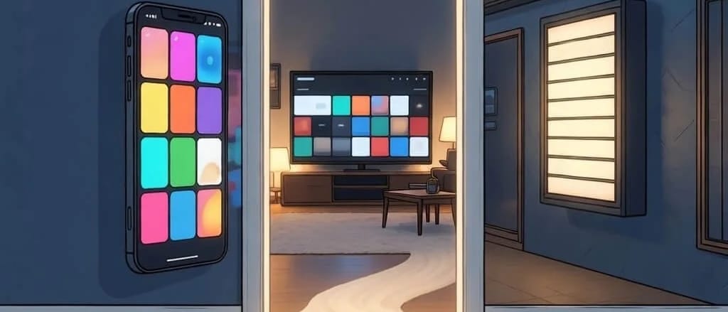 Three screens side by side: a phone full of app tiles, a living room TV seen through a lit doorway, and a glowing cinema poster case.