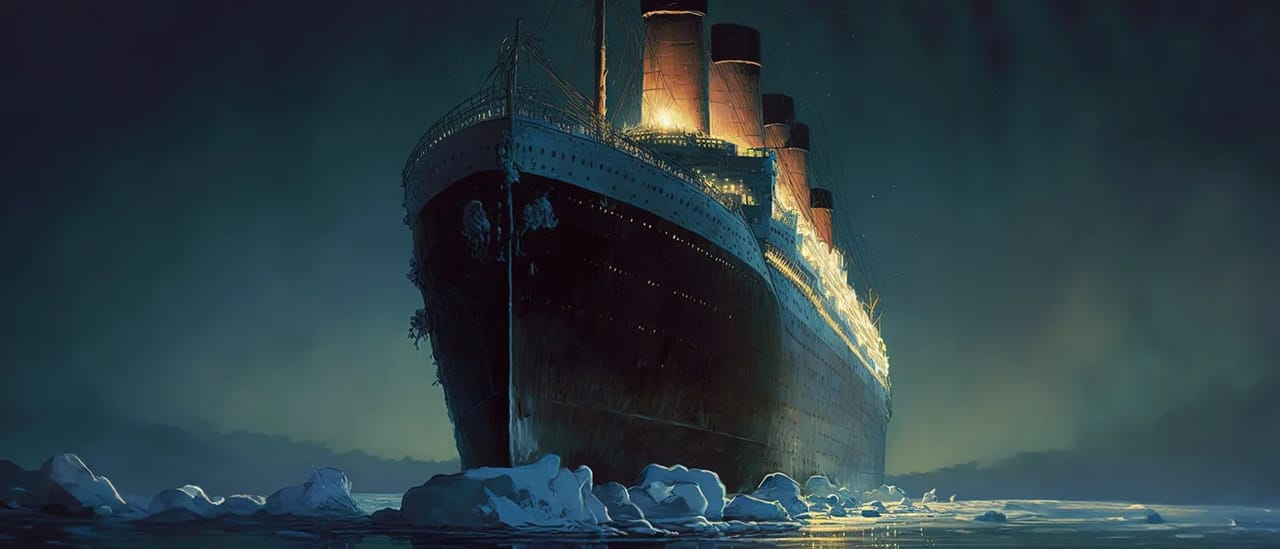 A huge ocean liner looming over icy water at night, its lights glowing.