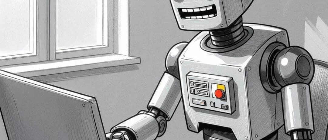 Black-and-white sketch of a robot typing at a laptop by a window.