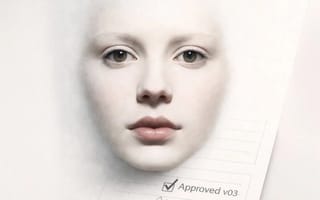 A pale, digitally rendered face emerging from a white surface beside a signed consent form.