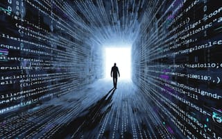 A lone figure walking towards a bright doorway at the end of a tunnel of streaming digital code.