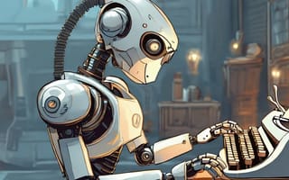 Illustration of a humanoid robot typing a script on a vintage typewriter in a wood-panelled study.