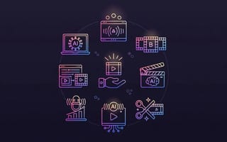 Neon line icons for cameras, editing and video tools arranged in a circle on a dark background.