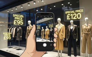 A hand holding a phone up to a shop window, with augmented-reality price tags floating over the displays.